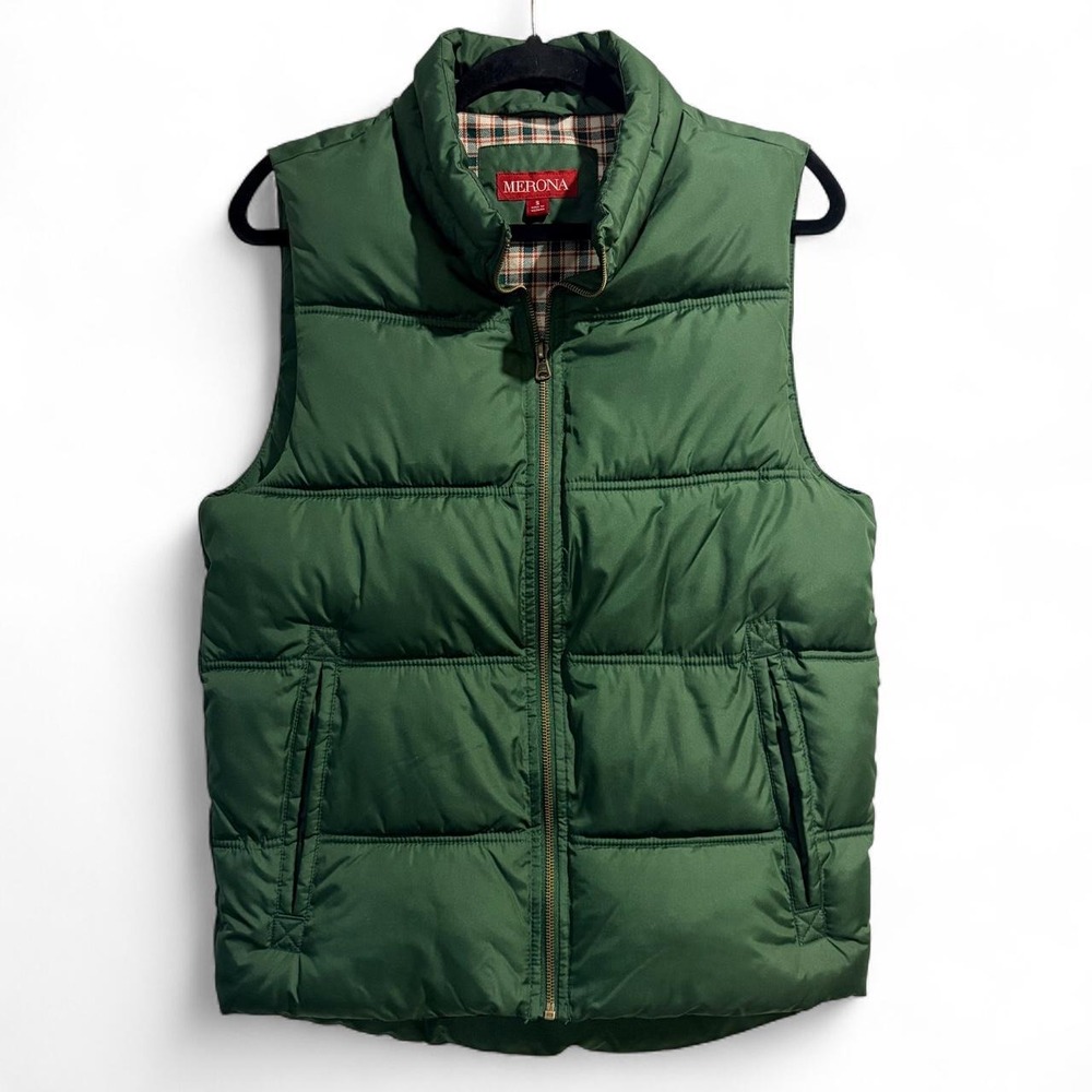 Merona Green Puffer Vest Plaid Lining Women Small Quilted Full Zip Sleeveless